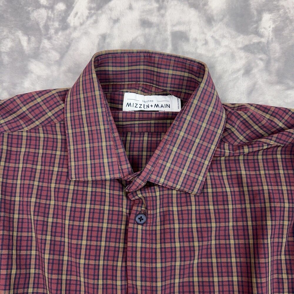 Mizzen + Main Shirt Men's M Size Maroon Plaid Long Sleeve Button Up Standard Fit